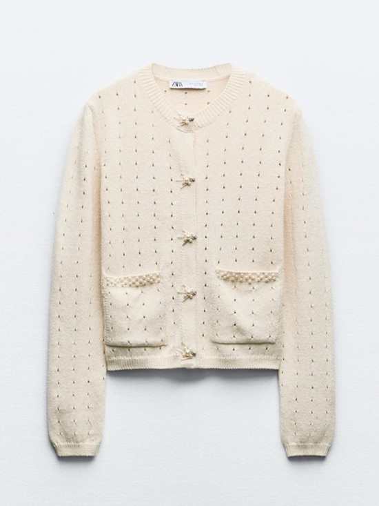 Zara Sweaters - Zara Cream Knit Cardigan Sweater w/ Pearl Detail & Pockets – Size L